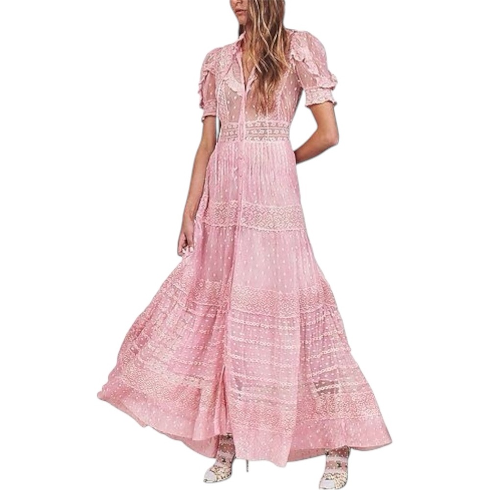 LoveShackFancy Priya Pink Lace Prairie Midi Dress NWT Size 2
